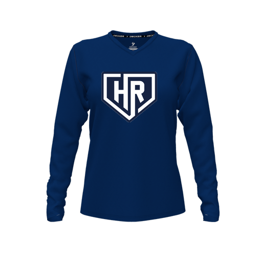 [CUS-DFW-TEES-CMF-VNK-LSL-NVY-FYXS-LOGO1] Decker Comfort T-Shirt (Female Youth XS, Navy, V Neck, Logo 1, Long Sleeve)